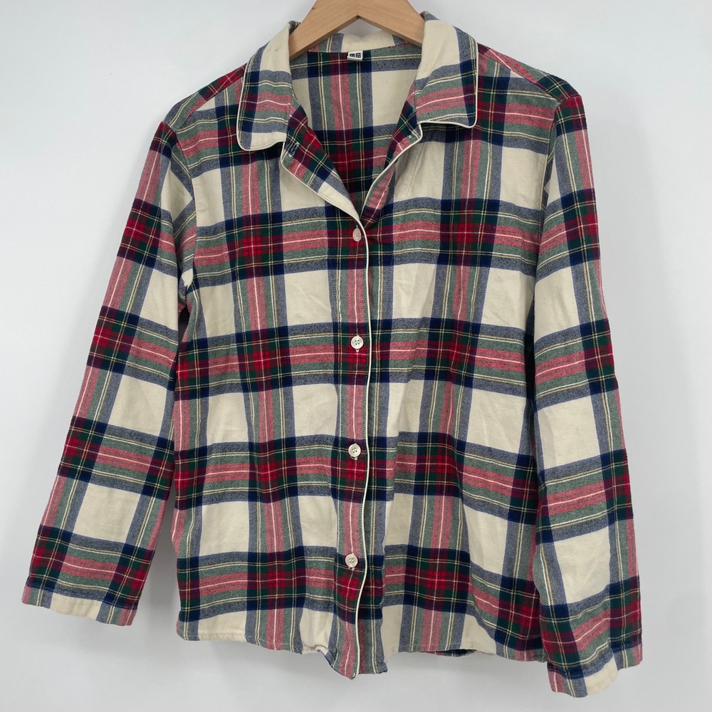 Uniqlo Womens Flannel Pajama Top Plaid Red Green Cream Cotton Button Down Size M